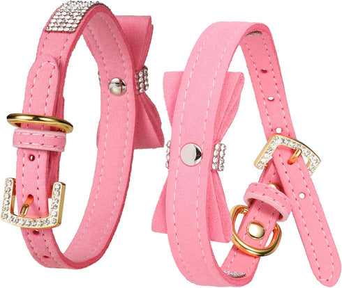 LOVPE Pink Velvet Leather Dog Collar/Cat Collar - Rhinestone Bow-Knot Tie for Small Dogs & Cats, Size S