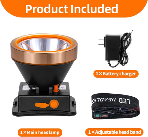 Superbright LED Rechargeable Headlamp, High Power Waterproof Headlight with 2 Light Modes for Hunting Fishing Hiking