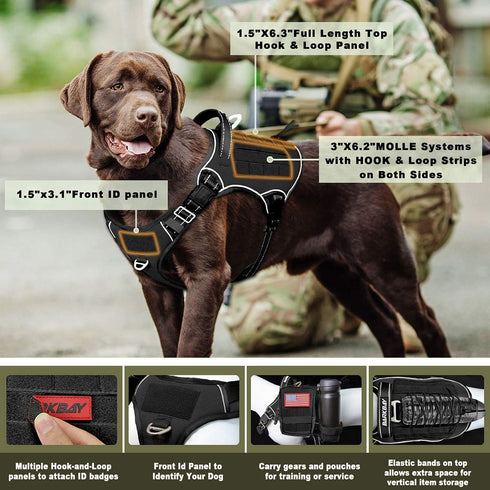 Tactical Dog Harness Large, Military Service Weighted Vest, No-Pull Training Harness with Leash Clips, Black