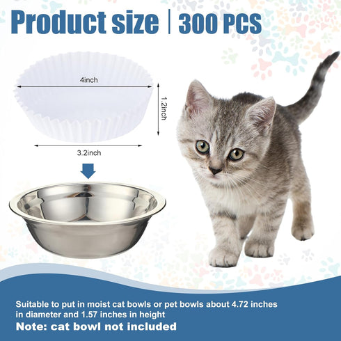 Hushee 300 Pcs PET Disposable Feeding Bowls Liner Bulk White Cat Food Bowls Small Paper Bowls Cat Feeding Bowls Paper Liner for Small Dogs Cats Dish Bowl Wet Food Feeding Station, 4 x 1.2 Inch