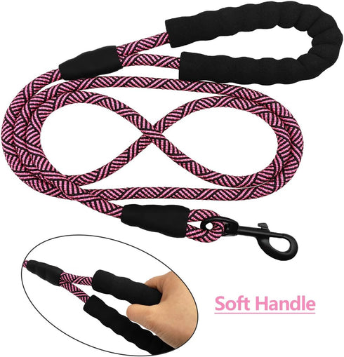 MayPaw Heavy Duty Rope Dog Leash, 3/4/5/6/7/8/10/12/15 FT Nylon Pet Leash, Soft Padded Handle, Pink Black