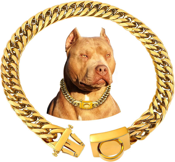 BAOBOTE 16MM Gold Chain Dog Collar, 18K Gold Heavy Duty Cuban Link with Secure Snap Buckle, Chew Proof for Dogs (20"