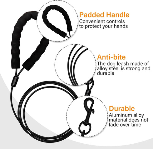 Stainless Steel Water and Chew Proof Dog Leash with Hooks, 4FT Wire Alloys for Large, Medium, Small Dogs (Black)