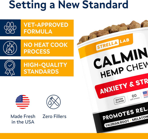 Hemp Calming Chews for Dogs - 60 Treats for Anxiety Relief and Stress, Health & Wellness Supplements
