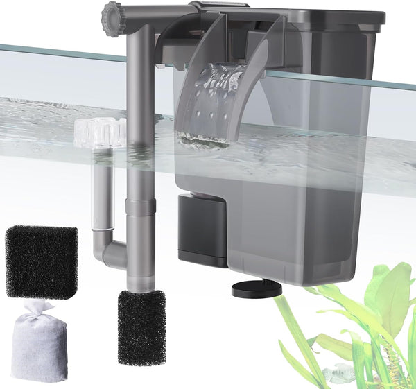 5W Hang on Aquarium Filter, Ultra Quiet 124 GPH with Filter Sponge and Activated Carbon for 4-20 Gallon