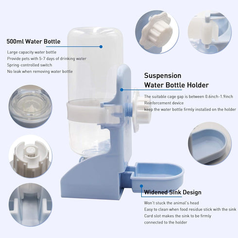 Rabbit Water Bottle Suspension Dispenser for Mini Pet Bunny, Guinea Pig, Chinchilla, 500ml BPA Free (Blue)