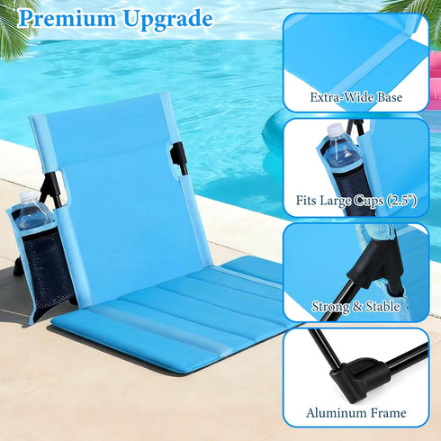 esgwork 2 Pack Portable Poolside Chairs, Foldable Legless Beach Chairs for Adults with Cup Pocket, Lightweight Ground
