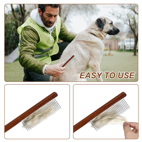2pcs Grooming Comb for Pets, Solid Wood Cat Combs with Wide & Narrow Rounded-Tip Steel Teeth for Tangled Hair