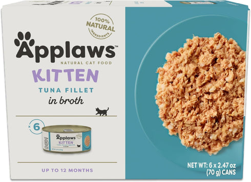 Applaws Natural Wet Cat Food, 6 Count Limited Ingredient Canned Kitten Food, Tuna Fillet Broth, 2.47oz Cans