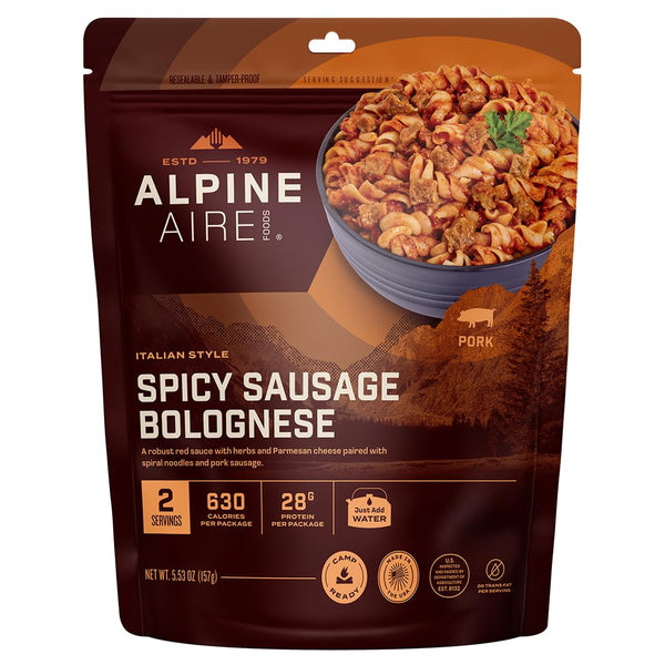 ALPINEAIRE Foods Spicy Sausage Bolognese 5.53 Oz Premium Ready-to-Eat Freeze-Dried Meal, 2 Servings,
