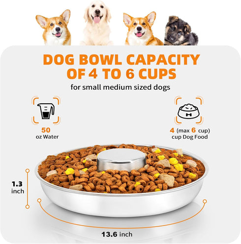Stainless Steel Puppy Bowls 2 Pack, Slow Feeder Bowls for Small Medium Large Dogs, Cat, Pets (Large: 1.3” x 13.6”)