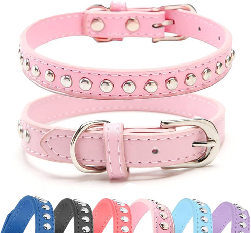 BINGPET Dog Leather Collar, Adjustable Real Split Leather Studded Pet Collar, Durable for Small Medium Large Dogs, Pink