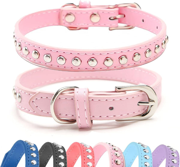 BINGPET Dog Leather Collar, Adjustable Real Split Leather Studded Pet Collar, Durable for Small Medium Large Dogs, Pink