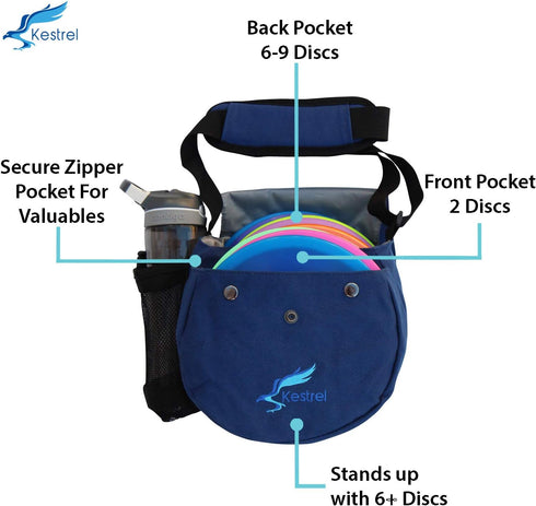 Kestrel Black Disc Golf Bag - Fits 6-10 Golf Discs + Bottle - Durable Canvas - Small Sling/Shoulder Bag for Men & Women