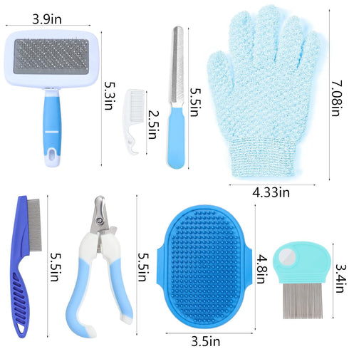 Set: VCZONE Small Animal Grooming Pet Nail Clipper & File, Flea Comb, Shampoo Brush, Shedding Slicker Brush, Massage