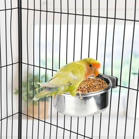 Hypeety Pet Bird Food Feeding and Drinking Cup - Stainless Steel Hanging Bowl for Parrot
