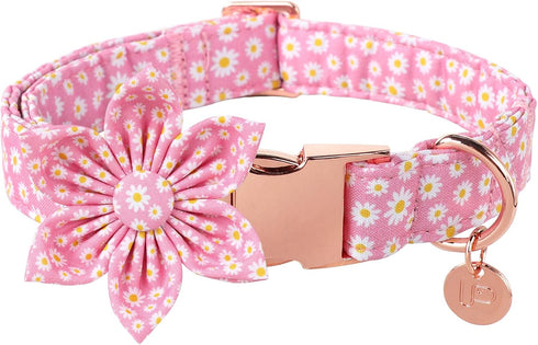 Summer Dog Collar with Flower, Cotton Cute Pink Flower Collar for XL Boy Girl Dog, Comfortable with Metal Buckle