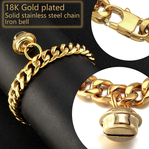 18K Gold Cat Dog Collar, 1/2inch 12mm Wide Stainless Steel Chew Proof Cuban Link Chain with Bell, Neck Fit 6"-14”
