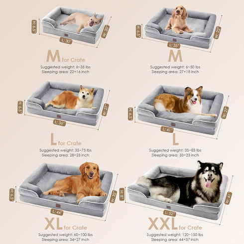 EHEYCIGA Orthopedic Dog Bed for Medium Dogs, Waterproof Memory Foam Couch Bed with Washable Removable Cover, Grey