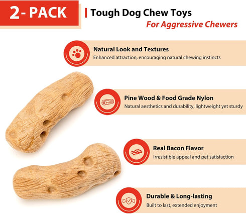 Willjoy 2-Pack Tough Dog Toys for Aggressive Chewers, Pine Wood and Nylon for Large Dogs