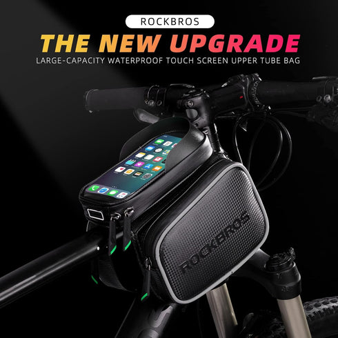 ROCKBROS Bike Bag, Waterproof Top Tube Phone Holder Pouch for Mountain Bicycle, Compatible with iPhone X, 8 Plus