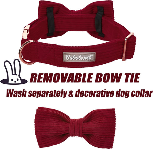 Wine Red Dog Collars for Small Dog - Cute Corduroy Collar with Bow Tie, Safety Metal Buckle Adjustable for Small Medium