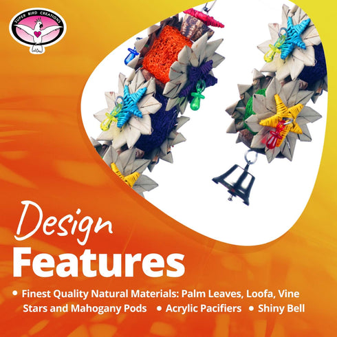 Super Bird Creations SB1098 Palm Star Bird Toy for Medium Birds, Colorful Leaves and Mahogany Pods