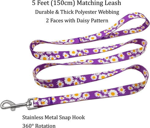 Dog Collar and Leash Set with Cute Daisy Pattern, Polyester Material, 5ft Leash for Small Dogs (Small, Purple Daisy)