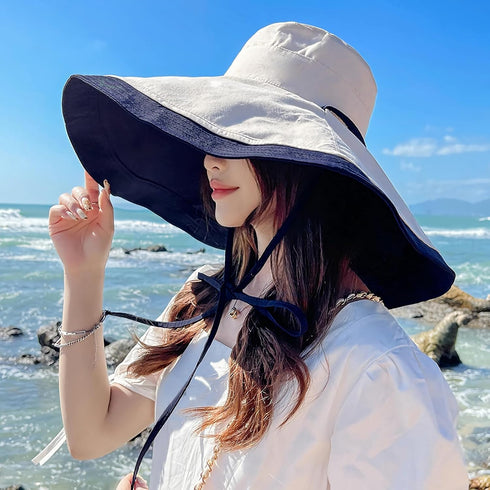 Super Wide Brim Women Sun Hat Cotton Floppy Packable Reversible Wired Edge Hats UV Protection Summer Beach Travel Garden