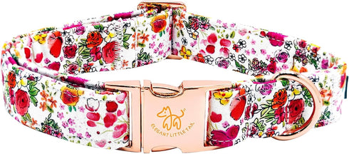 Elegant Little Tail Dog Collar, Pink Floral Print Durable Cotton Collar for X-Large Dogs with Metal Buckle