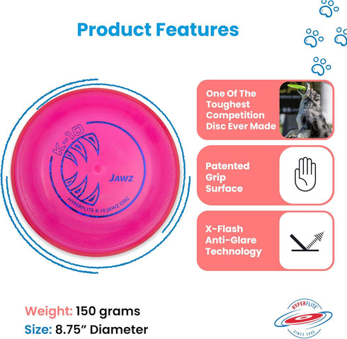 Hyperflite K-10 Jawz Pink Disc, 8.75 Inch / 155 Grams, Puncture Resistant, for Dogs Over 16"