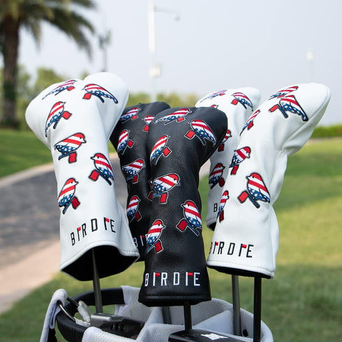 Golf Head Covers - Driver, 3 Wood, Hybrid, USA Flag Design, Leather Headcovers