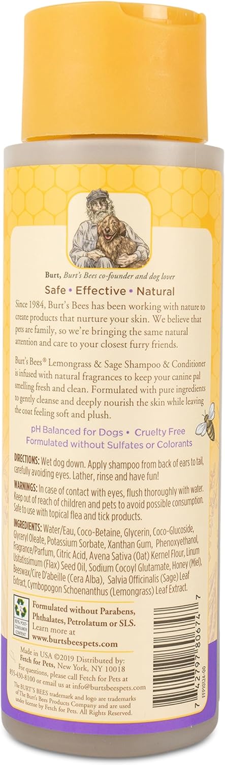 2 1 16 Oz Burt's Bees for Pets Tearless in Shampoo and Conditioner - Made with Lemongrass and Sage- Best Shampoo