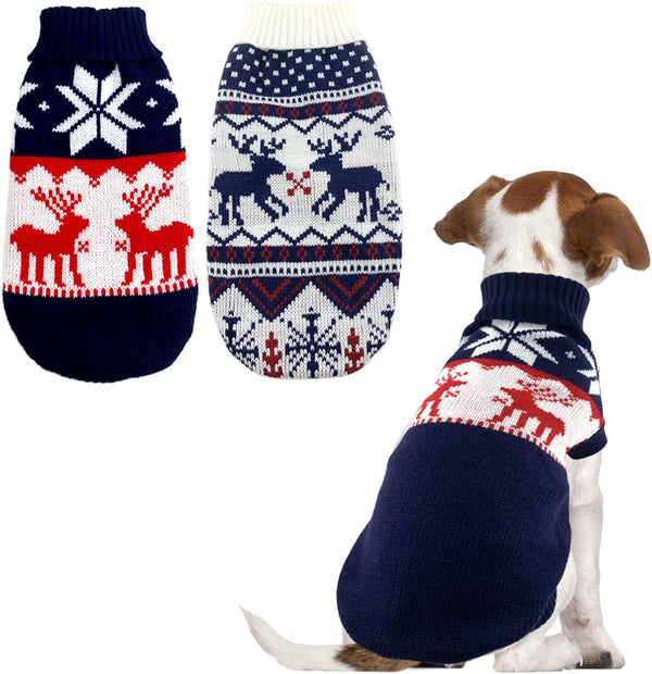 Vehomy 2Pcs Pet Puppy Christmas Sweaters, Navy Blue and Christmas White Knitwear with Reindeers Snowflakes Pattern