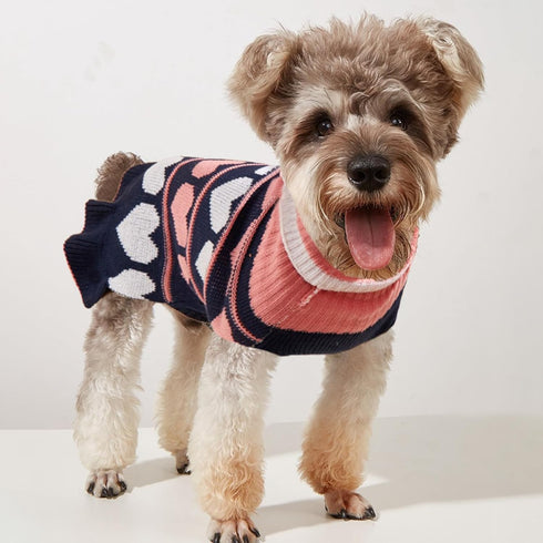 Jecikelon Pet Dog Long Sweater Dress, Knitwear Turtleneck Pullover for Winter, Navy Heart, Small