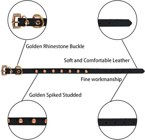 LOVPE One Row Golden Spiked Studded Leather Dog Collar with Rhinestone Buckle for Small Dog/Cat Puppy Kitty (Black, S)