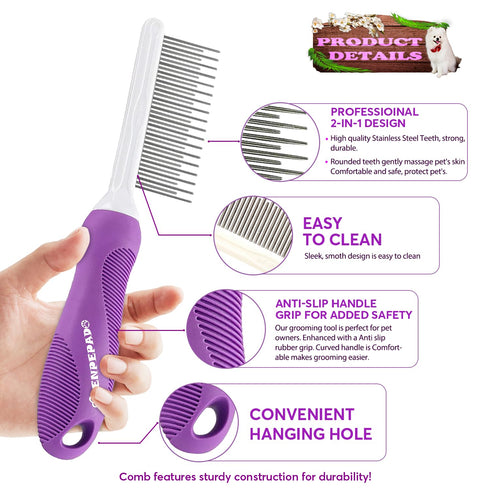 Grooming Comb for Dogs and Cats, Detangling Pet Comb with Long and Short Stainless Steel Teeth