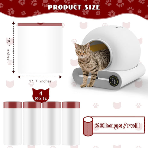Cat Waste Bags, 19.7 x 17.7 Inches, 4 Packs/80 Counts, White-Red, for Automatic Cleaning Litter Boxes