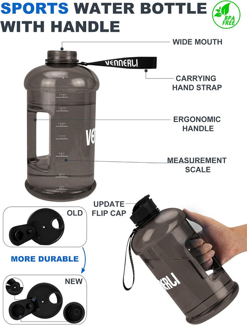 VENNERLI Half Gallon Water Bottle 2.2L - Large Sports Water Bottle with Handle, 74oz BPA-free Reusable Plastic