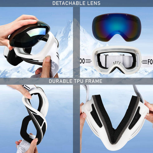 FONHCOO Ski Goggles for Men Women, Anti-Fog OTG Snowboard Glasses with Detachable Lens for Skiing Skating