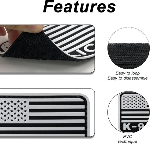K-9 Tactical Patch 3x2 inch Black and White US Flag Patch for Tactical Hat, Cap, Vest, Trooper Clothing, Bags (White,