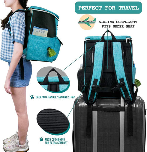 PetAmi Airline Approved Dog Travel Backpack - Teal Blue with Food Container and Collapsible Bowls