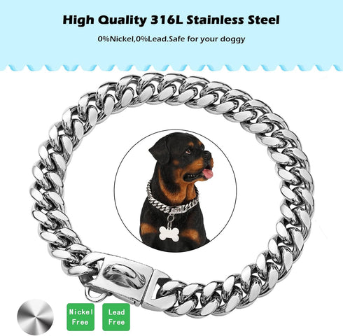 Strong Stainless Steel Silver Metal Dog Collars with Secure Buckle - 14MM Cuban Lock Link Chain for Training