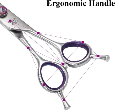 Fenice Peak 7'' Straight Dog Grooming Scissors - Purple Finger Rings, 440C Stainless Steel Pet Trimming Shears