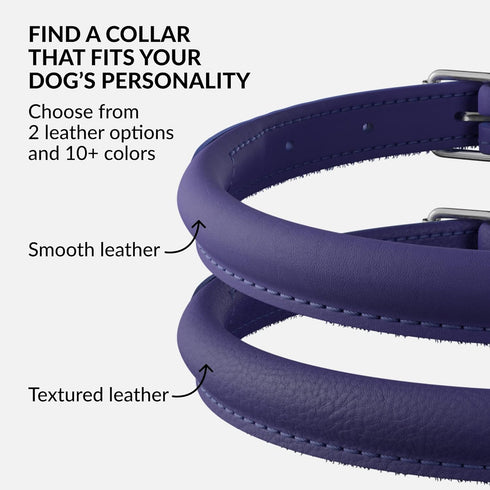 CollarDirect Rolled Leather Dog Collar, Soft Padded Round Handmade Genuine Leather, 13 Colors, 13-16 Inch, Purple Smooth