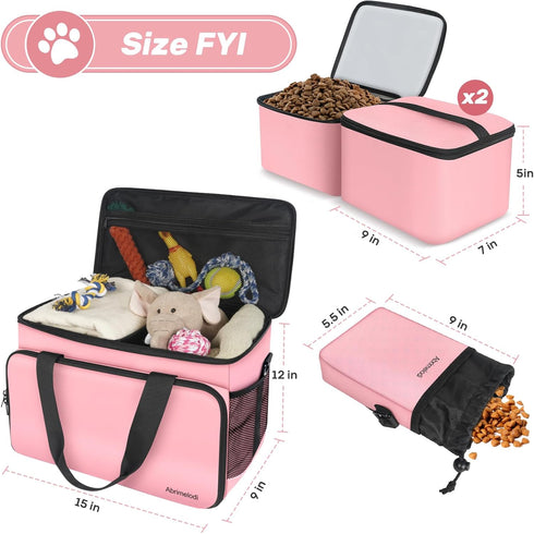 6 Set Dog Travel Bag, Large Pet Travel Kit with 2 Food Containers, 1 Organizer, 2 Collapsible Bowls, Pink Dog Mom Gifts