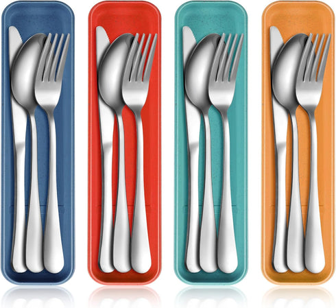 Yinkin 4 Pack Portable Travel Utensils Set - Reusable Stainless Steel Flatware with Case - Mixed Color