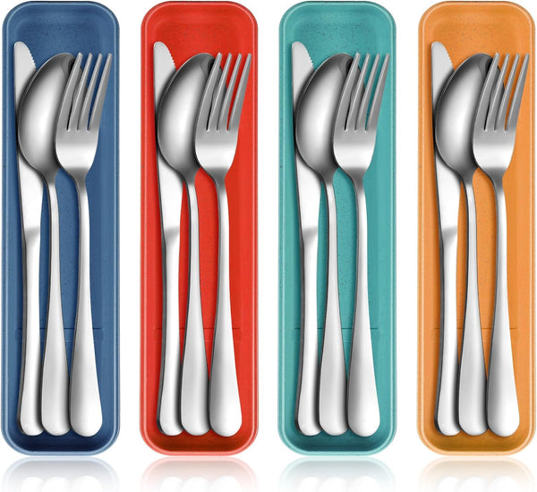 Yinkin 4 Pack Portable Travel Utensils Set - Reusable Stainless Steel Flatware with Case - Mixed Color