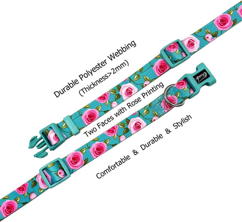 Dog Collar and Leash Set, Rose Pattern Polyester Material, 5ft Matching Leash for Small Dogs (S, Green Rose Set)