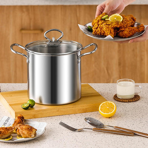 Shurhome 3 Stainless Steel Quart Frying Pots with Vent Glass Cover Ergonomic Handle Suitable for Chicken Fish Onion